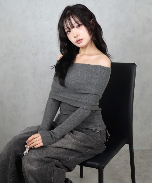 BARELY BLUE(ベアリーブルー)の「【 BARELY BLUE / ベアリーブルー 】2way オフショルダー リブ ニット トップス(ニット/セーター・レディース・ホワイト/ベージュ/ブラック/グレー・FREE)」の8枚目の写真