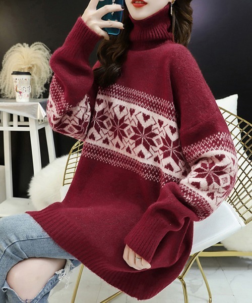 ONEP STAR(ワンピスター)の「ノルディック柄タートルネックニット(ニット/セーター・レディース・ワインレッド/ダークグレー/ネイビー・FREE)」の3枚目の写真