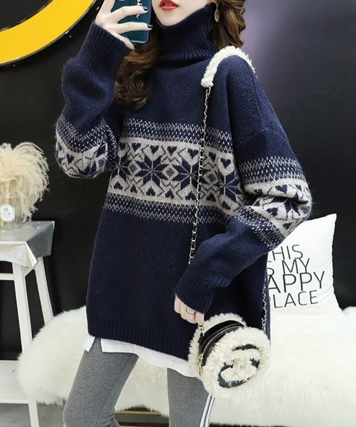 ONEP STAR(ワンピスター)の「ノルディック柄タートルネックニット(ニット/セーター・レディース・ワインレッド/ダークグレー/ネイビー・FREE)」の7枚目の写真