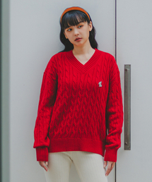 ポイントロゴペンダントVネックケーブルニットBK8941_レッド