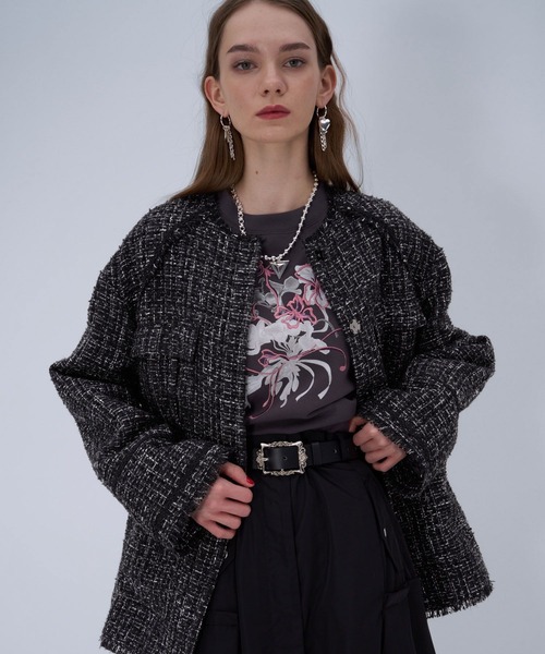 セール】ラメツイードミドルジャケット（ノーカラージャケット）｜HARE