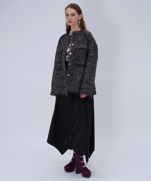 HARE(ハレ)の「ラメツイードミドルジャケット(ノーカラージャケット・レディース・ブラック/ネイビー・FREE)」の3枚目の写真