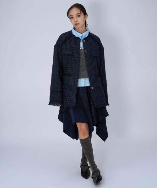 HARE(ハレ)の「ラメツイードミドルジャケット(ノーカラージャケット・レディース・ブラック/ネイビー・FREE)」の9枚目の写真
