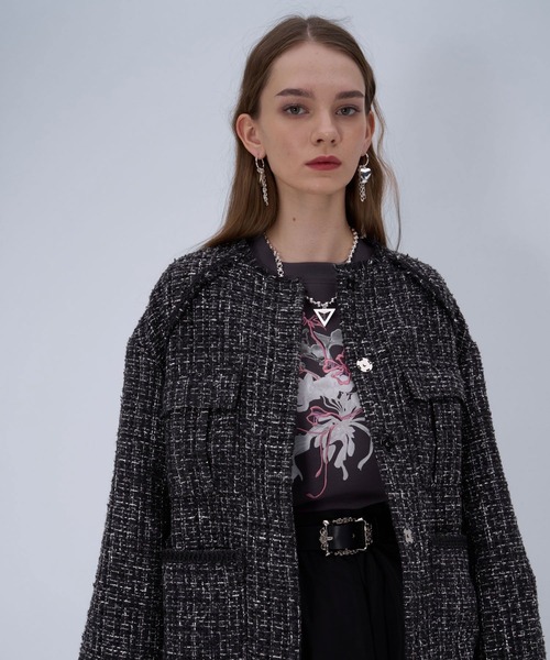 HARE(ハレ)の「ラメツイードミドルジャケット(ノーカラージャケット・レディース・ブラック/ネイビー・FREE)」の13枚目の写真