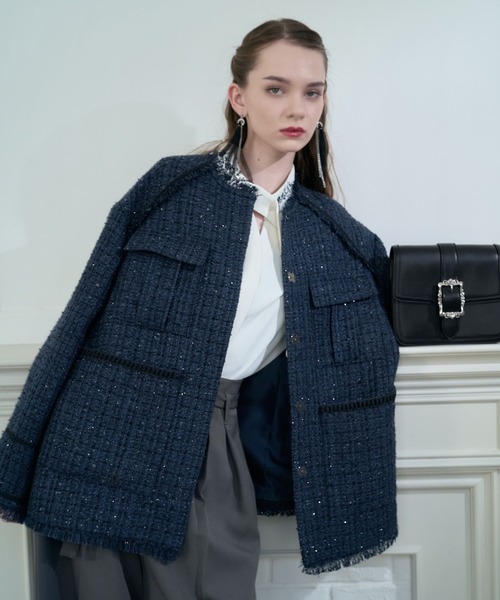 HARE(ハレ)の「ラメツイードミドルジャケット(ノーカラージャケット・レディース・ブラック/ネイビー・FREE)」の14枚目の写真