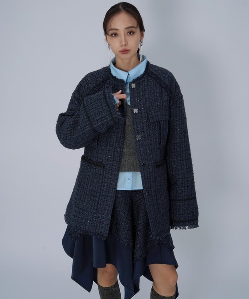 HARE(ハレ)の「ラメツイードミドルジャケット(ノーカラージャケット・レディース・ブラック/ネイビー・FREE)」の17枚目の写真