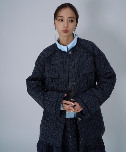 HARE(ハレ)の「ラメツイードミドルジャケット(ノーカラージャケット・レディース・ブラック/ネイビー・FREE)」の19枚目の写真