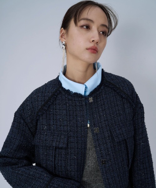 HARE(ハレ)の「ラメツイードミドルジャケット(ノーカラージャケット・レディース・ブラック/ネイビー・FREE)」の21枚目の写真
