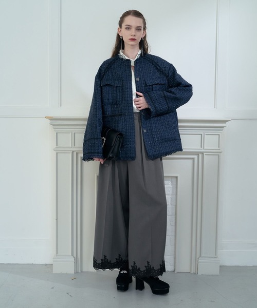 HARE(ハレ)の「ラメツイードミドルジャケット(ノーカラージャケット・レディース・ブラック/ネイビー・FREE)」の6枚目の写真