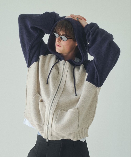 Elanque（エランク）の「knit zipup hoodie /ニットジップアップフーディー（パーカー・メンズ・ネイビー/グレー・LARGE/MEDIUM）」の2枚目の写真