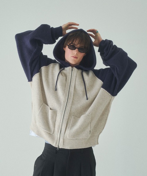 Elanque（エランク）の「knit zipup hoodie /ニットジップアップフーディー（パーカー・メンズ・ネイビー/グレー・LARGE/MEDIUM）」の3枚目の写真