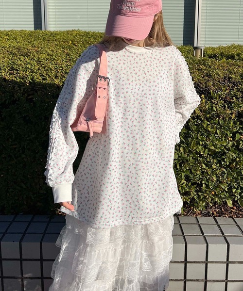 WC（ダブル シー）の「フリルラインリトルフラワーワッフルロンT（Tシャツ/カットソー・レディース・ピンク/サックスブルー・FREE）」の10枚目の写真