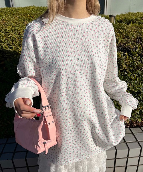 WC（ダブル シー）の「フリルラインリトルフラワーワッフルロンT（Tシャツ/カットソー・レディース・ピンク/サックスブルー・FREE）」の5枚目の写真