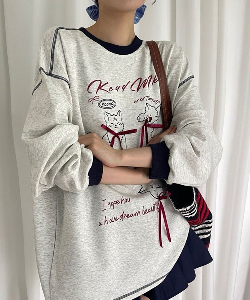 おしゃれスタ（オシャレスタ）の「リボン付きキャットデザインスウェット（スウェット・レディース・ネイビー/グレー・XXL/XL/L/M）」の5枚目の写真