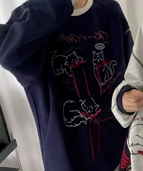 おしゃれスタ（オシャレスタ）の「リボン付きキャットデザインスウェット（スウェット・レディース・ネイビー/グレー・XXL/XL/L/M）」の9枚目の写真