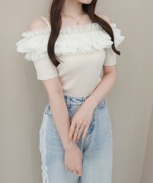 チュールオフショルダブルフリル半袖ニット
