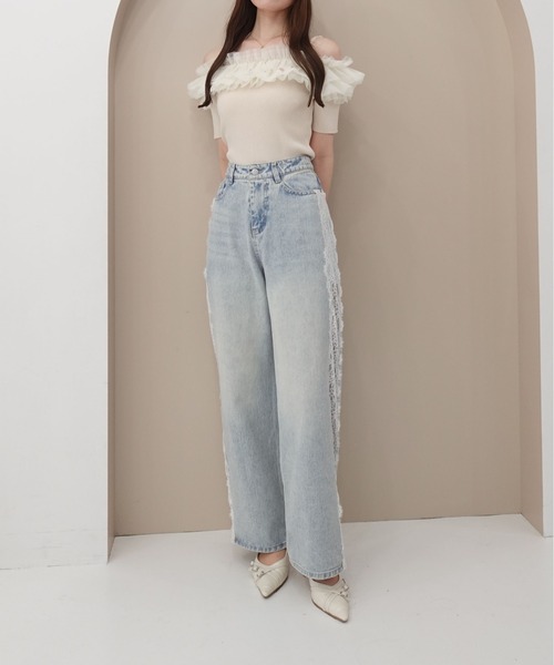 SOELA(ソエラ)の「チュールオフショルダブルフリル半袖ニット(ニット/セーター・レディース・アイボリー/グレー系6/ブラック系その他2・FREE)」の8枚目の写真