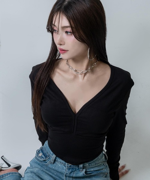 ANAP（アナップ）の「VネックぴたっとロングTシャツ（Tシャツ/カットソー・レディース・ホワイト/ブラック・F）」の12枚目の写真