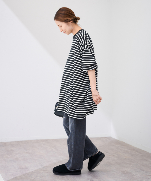 FRAMeWORK(フレームワーク)の「≪WEB限定 / 追加≫ONIT 別注OVERSIZE BORDER LS(Tシャツ/カットソー・レディース・ベージュ/ブラック・FREE)」の4枚目の写真