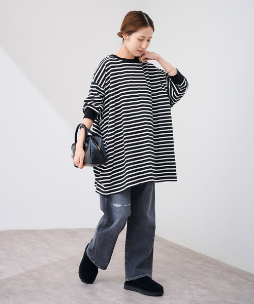 FRAMeWORK(フレームワーク)の「≪WEB限定 / 追加≫ONIT 別注OVERSIZE BORDER LS(Tシャツ/カットソー・レディース・ベージュ/ブラック・FREE)」の5枚目の写真