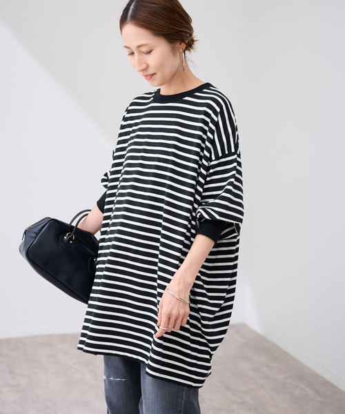 FRAMeWORK(フレームワーク)の「≪WEB限定 / 追加≫ONIT 別注OVERSIZE BORDER LS(Tシャツ/カットソー・レディース・ベージュ/ブラック・FREE)」の9枚目の写真