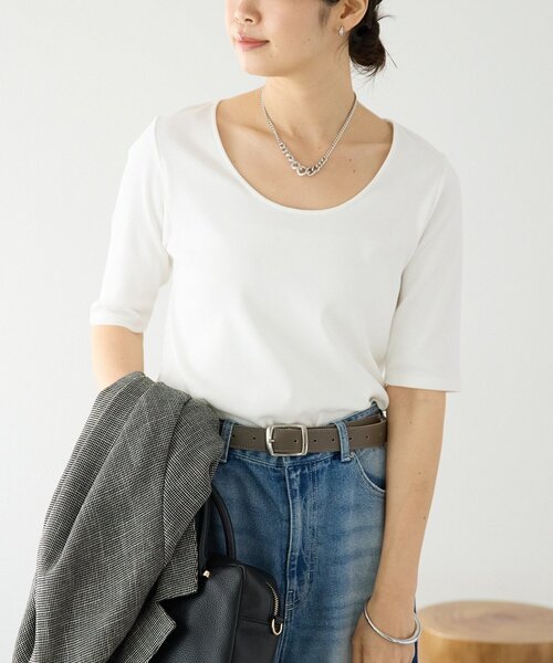 RIVE DROITE（リヴドロワ）の「予約【接触冷感/透湿/紫外線防止】5分袖フライスTee（Tシャツ/カットソー・レディース・オフホワイト・FREE）」の6枚目の写真