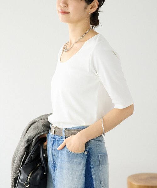 RIVE DROITE（リヴドロワ）の「予約【接触冷感/透湿/紫外線防止】5分袖フライスTee（Tシャツ/カットソー・レディース・オフホワイト・FREE）」の7枚目の写真