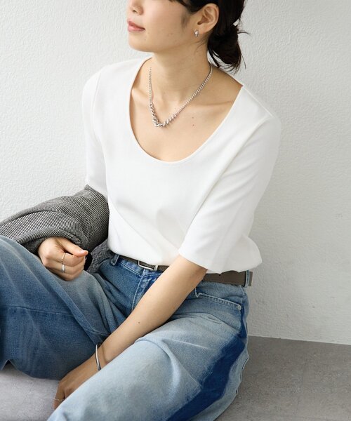 RIVE DROITE（リヴドロワ）の「予約【接触冷感/透湿/紫外線防止】5分袖フライスTee（Tシャツ/カットソー・レディース・オフホワイト・FREE）」の9枚目の写真