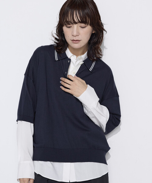 COMME CA Wardrobe(コムサワードローブ)の「14G天竺編 ポロ襟ニット(ポロシャツ・レディース・ネイビー/トップグレー/ホワイト・FREE)」の1枚目の写真