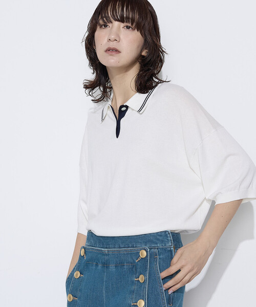 COMME CA Wardrobe(コムサワードローブ)の「14G天竺編 ポロ襟ニット(ポロシャツ・レディース・ネイビー/トップグレー/ホワイト・FREE)」の2枚目の写真