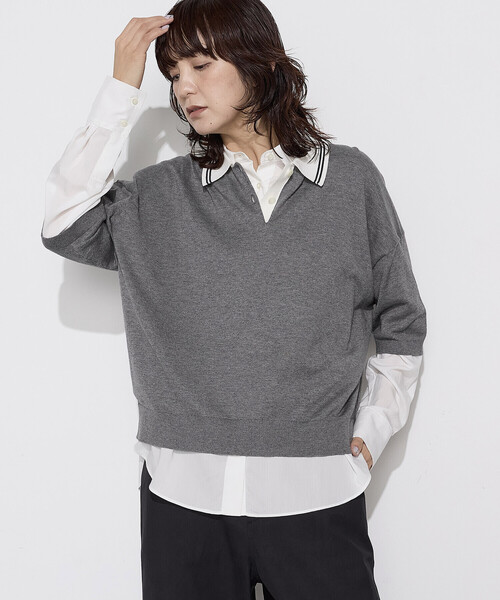 COMME CA Wardrobe(コムサワードローブ)の「14G天竺編 ポロ襟ニット(ポロシャツ・レディース・ネイビー/トップグレー/ホワイト・FREE)」の3枚目の写真