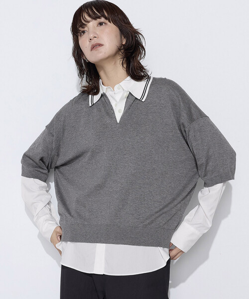 COMME CA Wardrobe(コムサワードローブ)の「14G天竺編 ポロ襟ニット(ポロシャツ・レディース・ネイビー/トップグレー/ホワイト・FREE)」の5枚目の写真