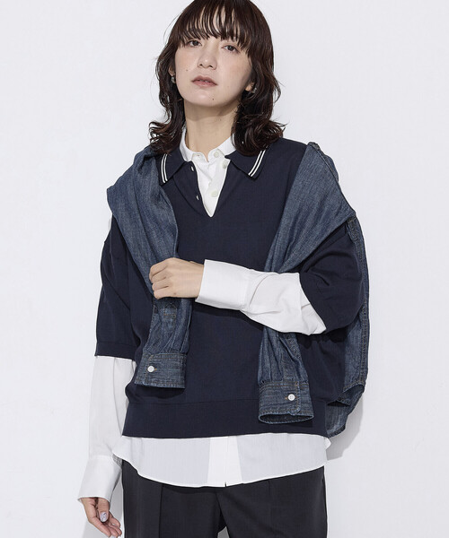 COMME CA Wardrobe(コムサワードローブ)の「14G天竺編 ポロ襟ニット(ポロシャツ・レディース・ネイビー/トップグレー/ホワイト・FREE)」の9枚目の写真
