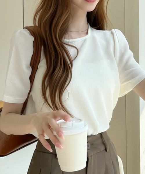 Ada.(エイダ)の「ラウンドネック パフスリーブ シアー 半袖 トップス(Tシャツ/カットソー・レディース・ホワイト/ブルー/ベージュ・FREE)」の1枚目の写真