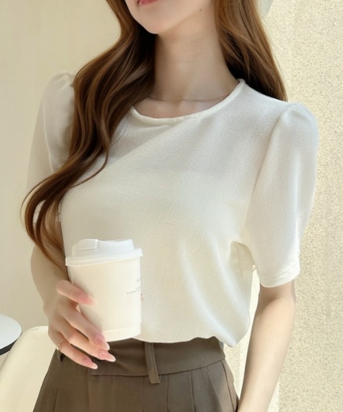Ada.(エイダ)の「ラウンドネック パフスリーブ シアー 半袖 トップス(Tシャツ/カットソー・レディース・ホワイト/ブルー/ベージュ・FREE)」の7枚目の写真