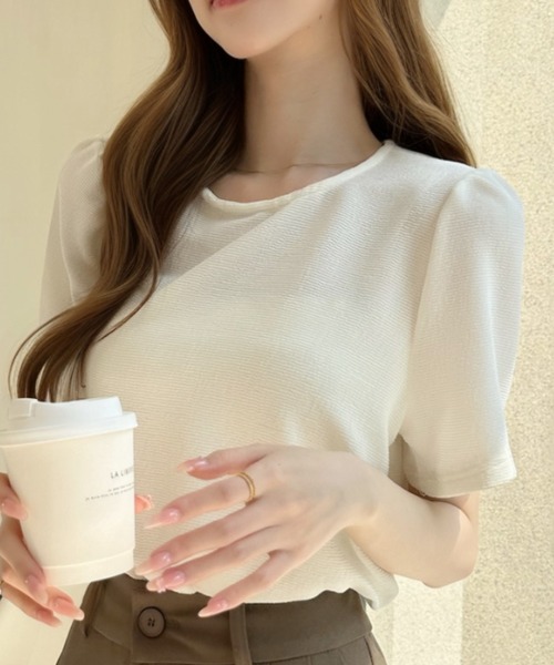 Ada.(エイダ)の「ラウンドネック パフスリーブ シアー 半袖 トップス(Tシャツ/カットソー・レディース・ホワイト/ブルー/ベージュ・FREE)」の6枚目の写真