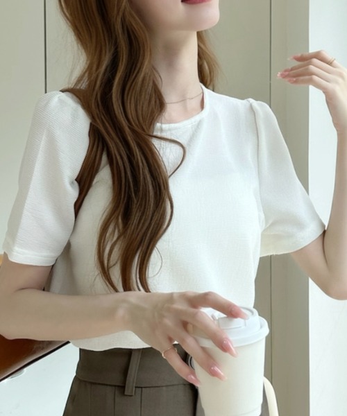 Ada.(エイダ)の「ラウンドネック パフスリーブ シアー 半袖 トップス(Tシャツ/カットソー・レディース・ホワイト/ブルー/ベージュ・FREE)」の4枚目の写真