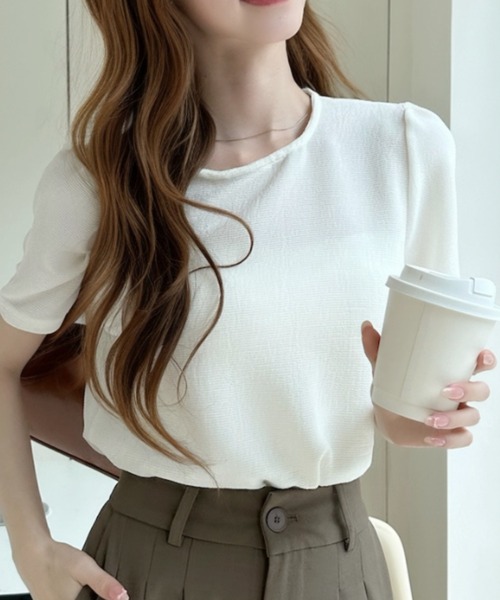 Ada.(エイダ)の「ラウンドネック パフスリーブ シアー 半袖 トップス(Tシャツ/カットソー・レディース・ホワイト/ブルー/ベージュ・FREE)」の5枚目の写真