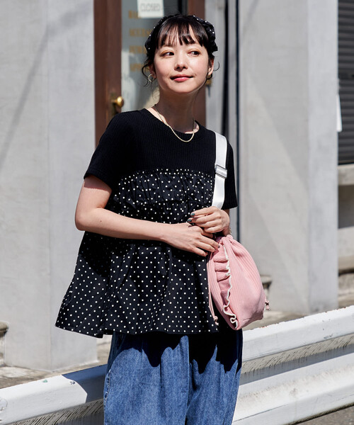 FREAK'S STORE(フリークスストア)の「ドットビスチェ ドッキングTシャツ(Tシャツ/カットソー・レディース・ネイビー/オフホワイト/チャコールグレー・フリ-)」の14枚目の写真