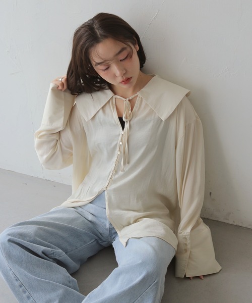 cheriella（シェリエラ）の「【cheriella】シアービッグカラーリボンブラウス　SHEER BIG-COLLAR RIBBON BLOUSE（シャツ/ブラウス・レディース・ブルー/オフホワイト/ブラック/ベージュ・FREE）」の22枚目の写真