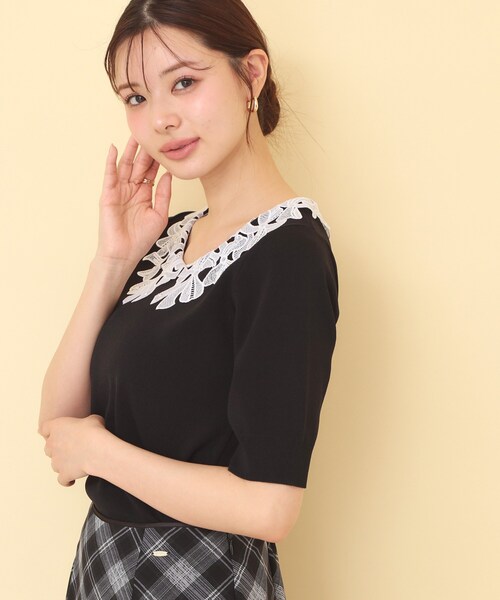 index（インデックス）の「リボンレース衿リブニット【洗濯機OK／接触冷感】（ニット/セーター・レディース・ライトグリーン/オフホワイト/ブラック・38/36/40）」の8枚目の写真
