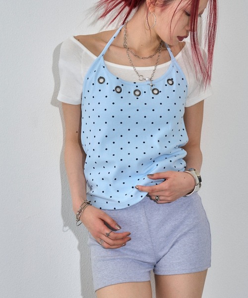 WHO'S WHO gallery(フーズフーギャラリー)の「ハトメホルターレイヤード半袖トップス(ドット/無地)(Tシャツ/カットソー・レディース・ブラック/ブラック系その他/グレー/ピンク/ネイビー/サックスブルー/グレー系その他・FREE)」の6枚目の写真