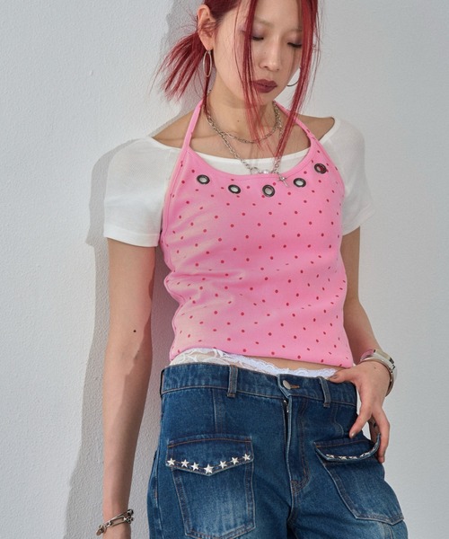 WHO'S WHO gallery(フーズフーギャラリー)の「ハトメホルターレイヤード半袖トップス(ドット/無地)(Tシャツ/カットソー・レディース・ブラック/ブラック系その他/グレー/ピンク/ネイビー/サックスブルー/グレー系その他・FREE)」の7枚目の写真