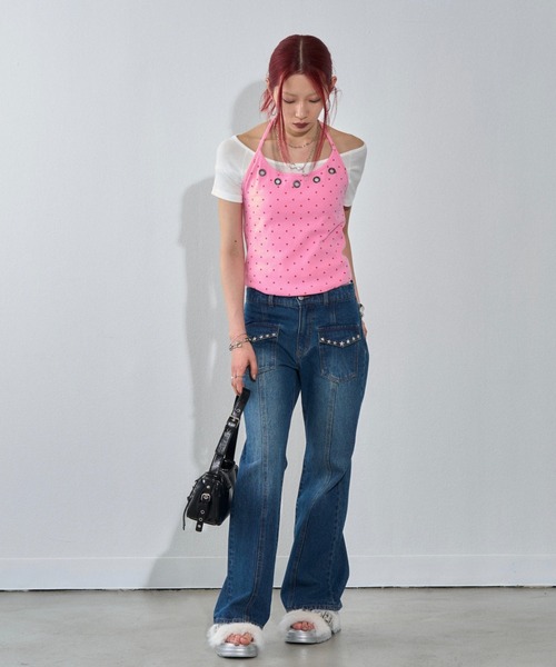 WHO'S WHO gallery(フーズフーギャラリー)の「ハトメホルターレイヤード半袖トップス(ドット/無地)(Tシャツ/カットソー・レディース・ブラック/ブラック系その他/グレー/ピンク/ネイビー/サックスブルー/グレー系その他・FREE)」の11枚目の写真