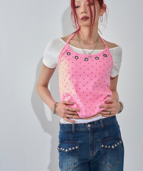 WHO'S WHO gallery(フーズフーギャラリー)の「ハトメホルターレイヤード半袖トップス(ドット/無地)(Tシャツ/カットソー・レディース・ブラック/ブラック系その他/グレー/ピンク/ネイビー/サックスブルー/グレー系その他・FREE)」の9枚目の写真