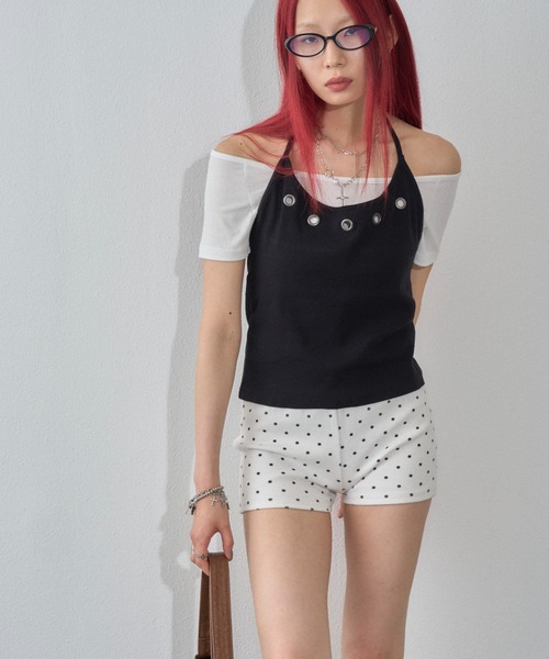 WHO'S WHO gallery(フーズフーギャラリー)の「ハトメホルターレイヤード半袖トップス(ドット/無地)(Tシャツ/カットソー・レディース・ブラック/ブラック系その他/グレー/ピンク/ネイビー/サックスブルー/グレー系その他・FREE)」の19枚目の写真
