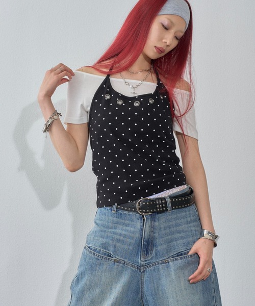 WHO'S WHO gallery(フーズフーギャラリー)の「ハトメホルターレイヤード半袖トップス(ドット/無地)(Tシャツ/カットソー・レディース・ブラック/ブラック系その他/グレー/ピンク/ネイビー/サックスブルー/グレー系その他・FREE)」の12枚目の写真