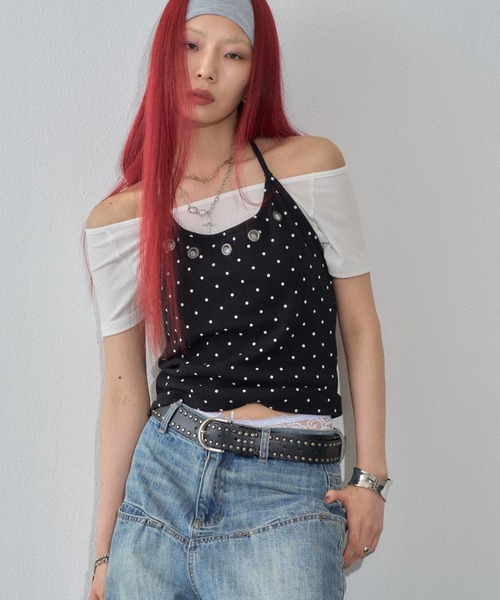 WHO'S WHO gallery(フーズフーギャラリー)の「ハトメホルターレイヤード半袖トップス(ドット/無地)(Tシャツ/カットソー・レディース・ブラック/ブラック系その他/グレー/ピンク/ネイビー/サックスブルー/グレー系その他・FREE)」の13枚目の写真
