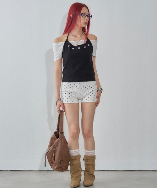 WHO'S WHO gallery(フーズフーギャラリー)の「ハトメホルターレイヤード半袖トップス(ドット/無地)(Tシャツ/カットソー・レディース・ブラック/ブラック系その他/グレー/ピンク/ネイビー/サックスブルー/グレー系その他・FREE)」の21枚目の写真