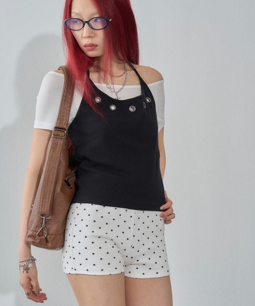 WHO'S WHO gallery(フーズフーギャラリー)の「ハトメホルターレイヤード半袖トップス(ドット/無地)(Tシャツ/カットソー・レディース・ブラック/ブラック系その他/グレー/ピンク/ネイビー/サックスブルー/グレー系その他・FREE)」の17枚目の写真